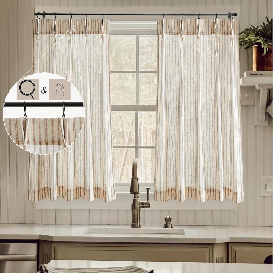 LIMON HOME Kitchen Window Curtains Over Sink,Cafe Curtains 36 inch Length Striped Linen Curtain Rings with Hooks Set Pinstripe for Living Room Bathroom Farmhouse Curtains 2 Panels Tan on Natural