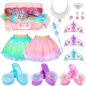 19 Pcs Princess Dress Up Shoes Gift Set, Girls Role Play Dress Up Toys & Costumes Set, Toddler Pretend Jewelry Boutique Kit Gift for Little Girls Aged 3 4 5 6 Years Old