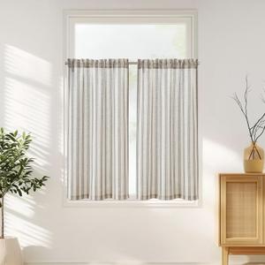 jinchan Linen Striped Cafe Curtains 45 Inch Stripe Small Window Curtains Balanced Stripe Light Filtering for Bathroom Living Room Laundry 2 Panels Black on Beige, Size: 26"W x 45"L (Pack of 2)