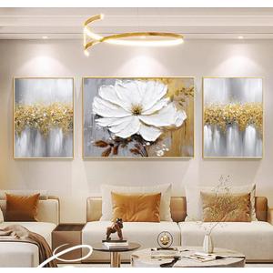 Hand-Painted Flower Oil Painting for Living Room,Framed 3D Gold and White Abstract (24x36 inches Middle Piece and 16x24 inches Side Pieces)