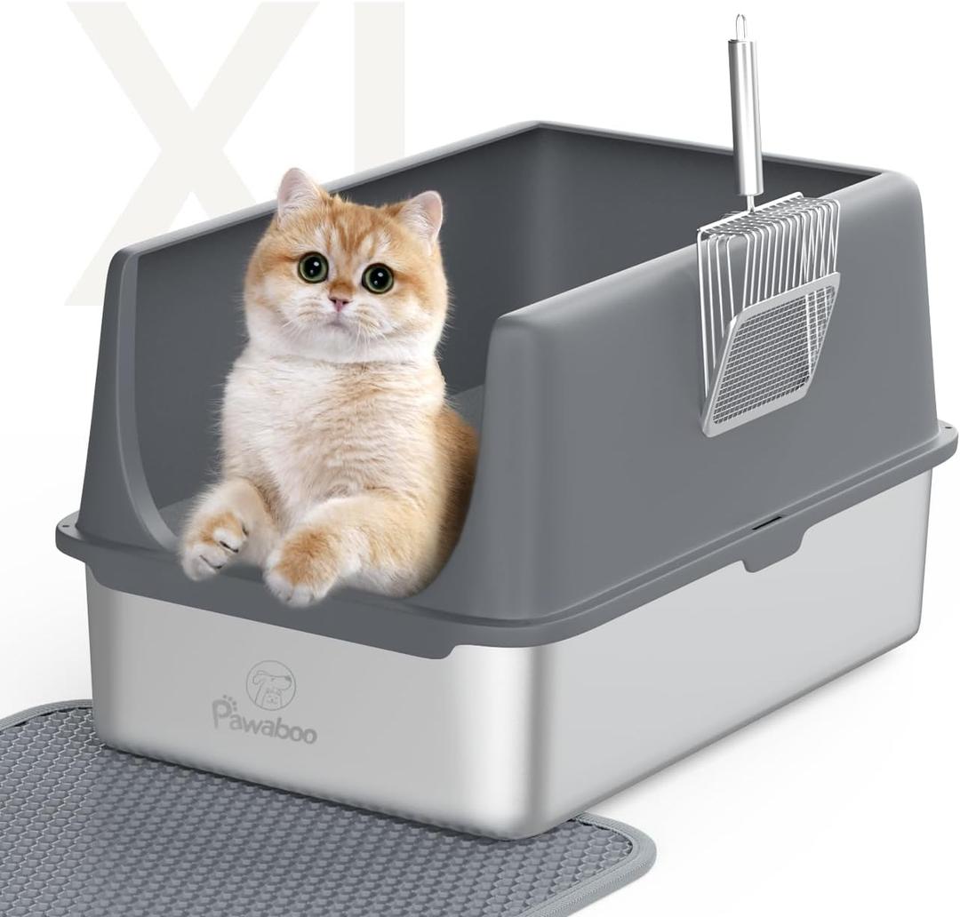 Stainless Steel Cat Litter Box with Lid - Extra Large Litter Box Rust-Proof & Odor-Resistant Open Top for Multiple Cats,14'' High Sided Metal with Scoop & Mat, Easy Cleaning
