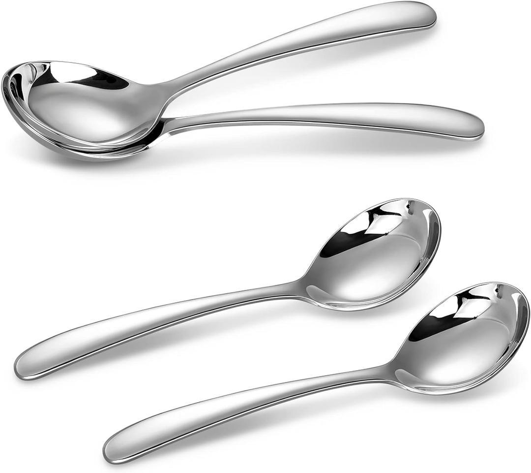 KEAWELL Premium 7.3 Inches Soup Spoons with Hook Handle, Set of 4, 18/10 Stainless Steel, Deep Bowl, Perfect for Ramen, Pho, Miso, Dumplings, Noodles, Wonton, Dishwasher Safe (Round-Handle)