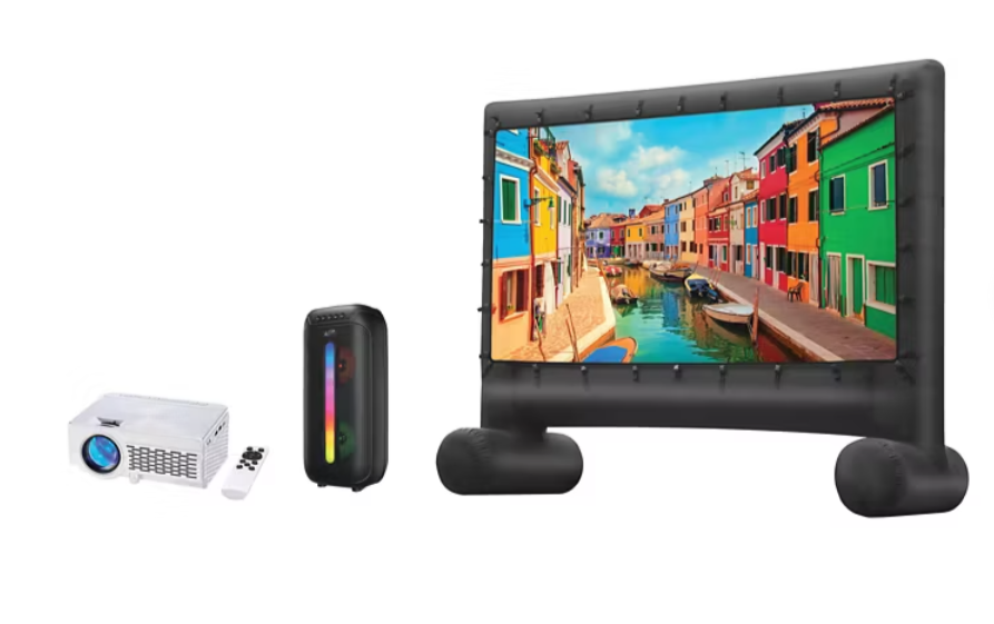 iLive Pop-Up Home Movie Theater Kit with Inflatable Screen, Projector and Party Speaker