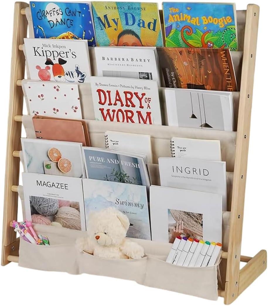 HDView Kids Bookshelf 7 Tier Wooden Book Organizer Toddler Book Sling Rack with Deep Sleeves for Boys Playroom Nursery Bedroom, Space Saver, Up to 200 Kids Books