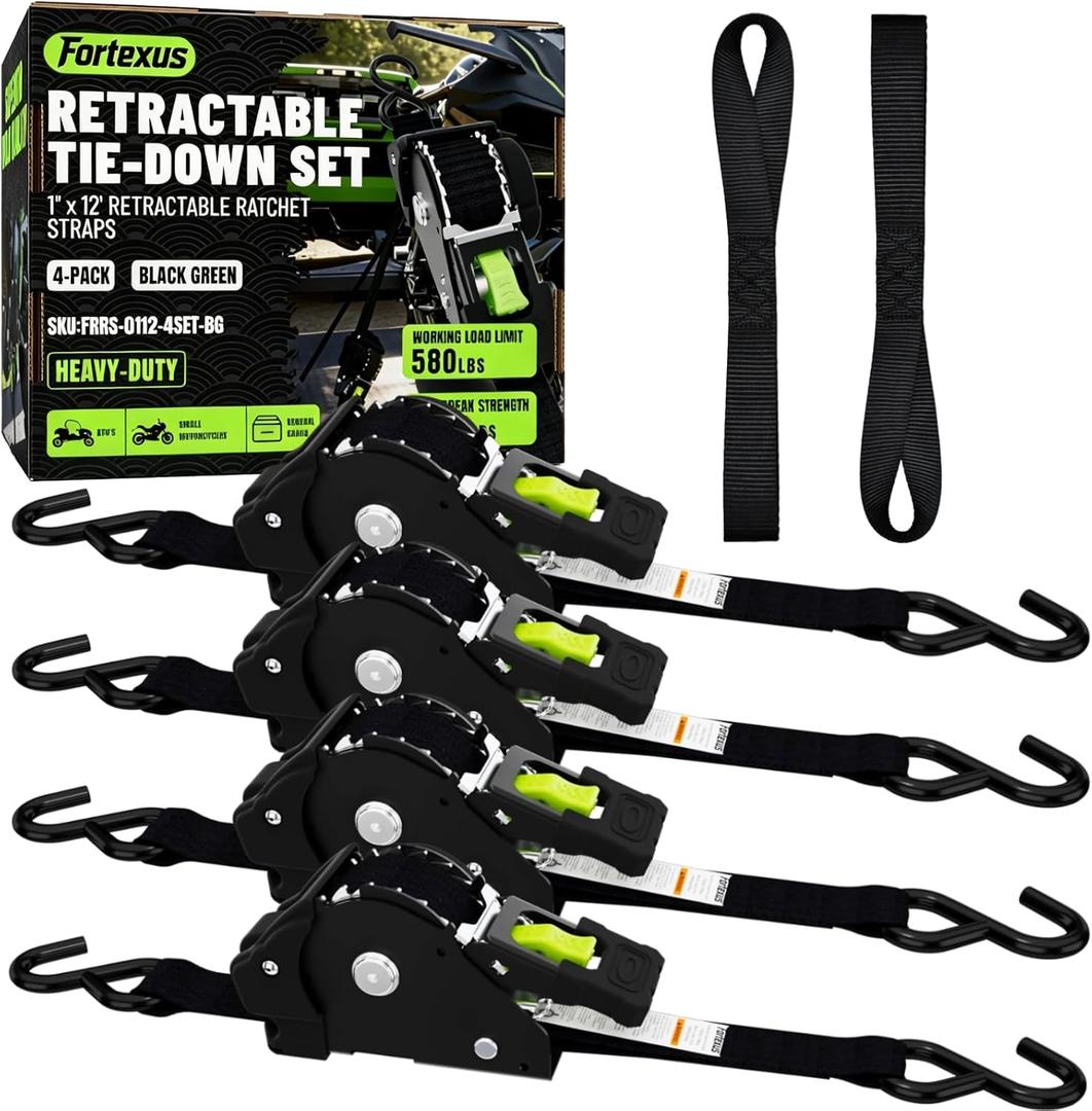 Retractable Ratchet Straps, 4-Pack, 1 Inch x 12 Feet, 1,760lb Break Strength, Self Retracting Tie Down for Truck, Cargo Trailer, Motorcycle, ATV, UTV (Black, 4pack)