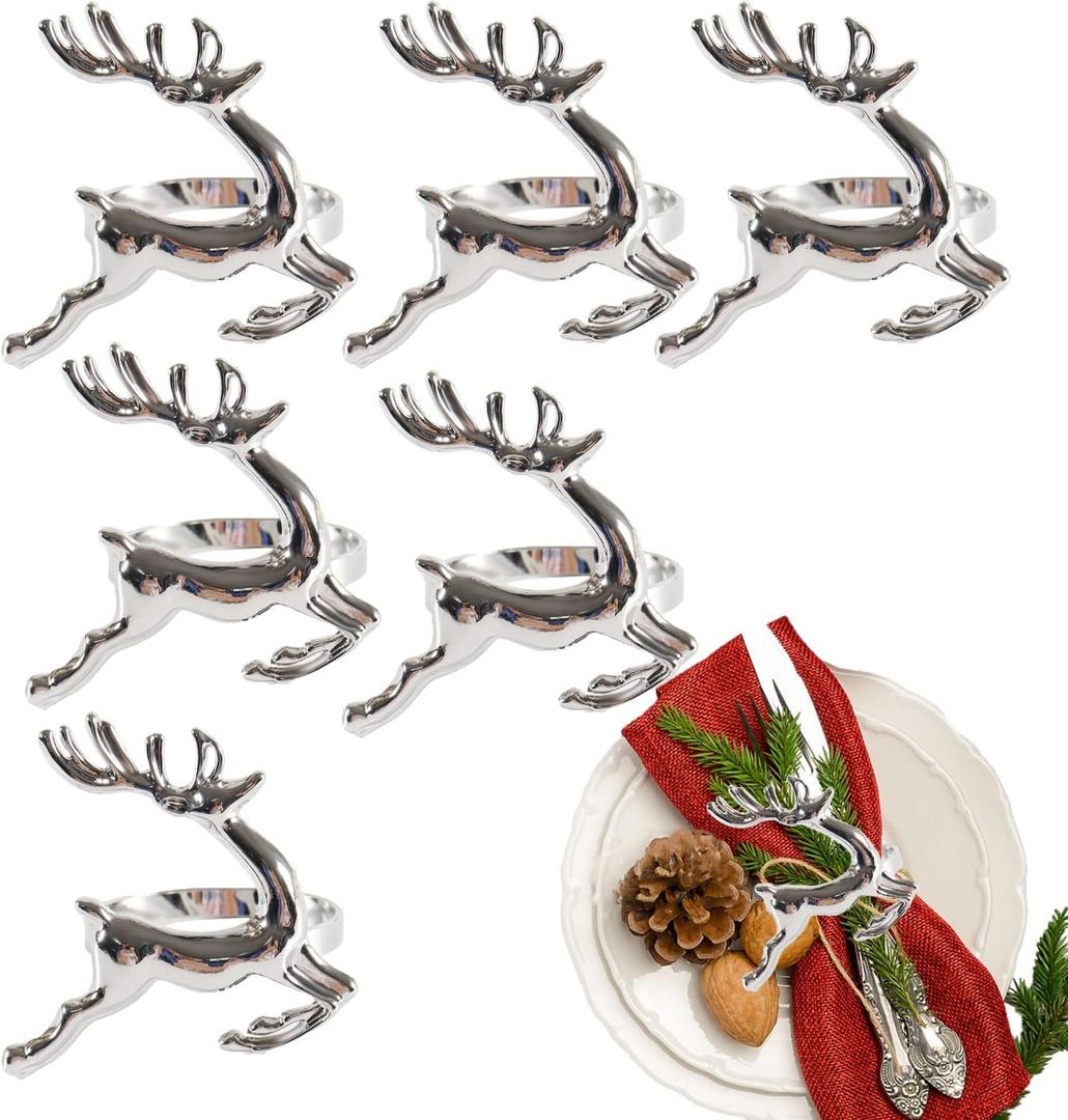 6 Pcs Christmas Deer Napkin Rings Silver Metal Elk Shaped Design Napkin Holder for Xmas New Year Holiday Wedding Receptions Dining Table Great Decorations