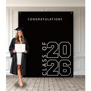 Class of 2026 Graduation Banner 5X6feet - Large CONGRATS GRAD Polyester Banner, Photo Backdrop & Wall Decor for Commencement Party Supplies, Black and White Graduation Party Decorations for High School & College