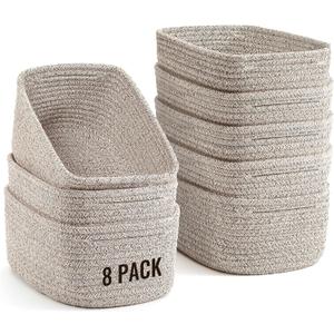 8 Pack Small Storage Baskets for Organizing, Woven Rope Bins for Bathroom, Closet, Shelf Organizer, Cute Cube Decorative Box for Towels, Baby Nursery, Toys, Gift Empty Baskets - 11.5"x7.5"x4.7"-Brown