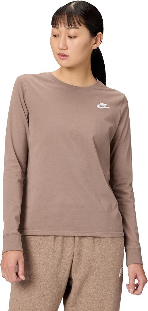 Nike Women's Sportswear Club Long-Sleeve T-Shirt (Medium, Mink Brown)