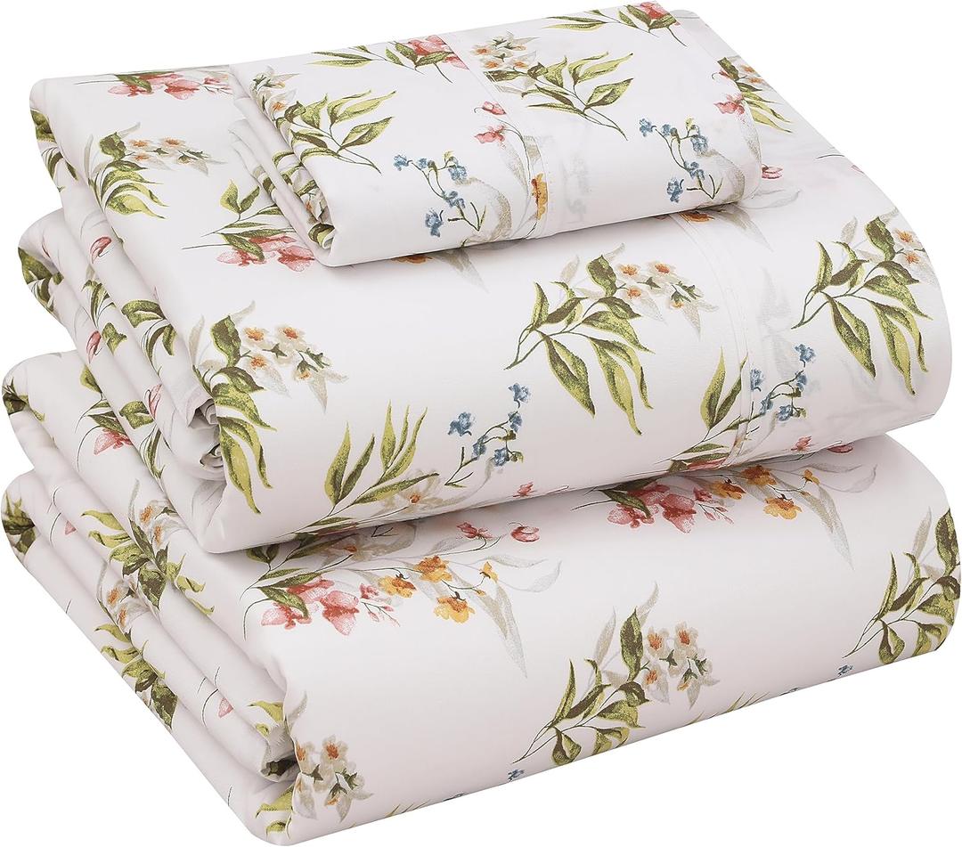 RUVANTI 100% Cotton Sheets  Twin Size Percale Bedding, Cooling & Breathable Floral Design, Durable with a Crisp, Soft & Comfortable Feel, 16" Deep Pocket, 3-Piece Set, Floral Bliss