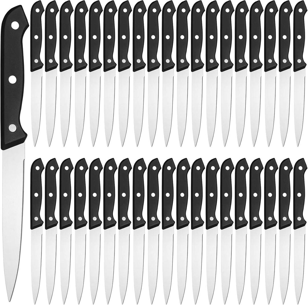 Lasnten 50 Pcs 8.67 Inches Fine Edge Steak Knife Set Stainless Steel Non Serrated Steak Knives Triple Riveted Straight Table Dinner Knives for Cutting Meat, Black