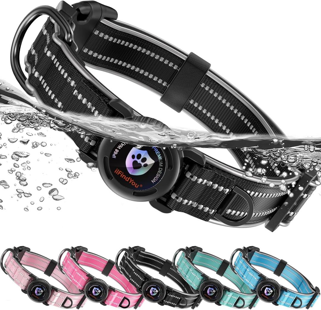 for AirTag Dog Collar for Small Dogs, IP68 Waterproof, Black-S | Threaded Lock Air TagHolder, Reflective, Dual D-Rings, Sponged, 600D nylon, High Tensile Strength, Bulit to Last, Adjustable