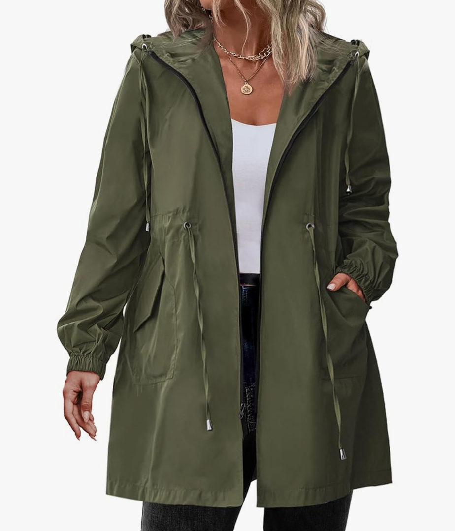 IN'VOLAND Women's Rain Jacket Plus Size Long Raincoat Lightweight Hooded Windbreaker Waterproof Jackets with Pockets, 22 Plus Army Green