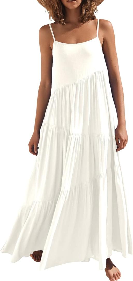 ANRABESS Women Summer Casual Loose Sleeveless Sundress Spaghetti Strap Flowy Boho Linen Beach Vacation Maxi Long Dress (White) XL