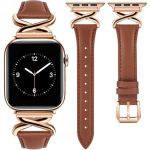 JR.DM Leather Bands Women Compatible with Apple Watch 40mm 38mm 44mm 45mm 41mm 42mm 46mm 49mm Dressy Thin Designer Strap with X-Shaped Metal Crown for iWatch Series Ultra/ SE/ 11/ 10/ 9/ 8/ 7/ 6/ 5/ 4/ 3/ 2/ 1 Brown