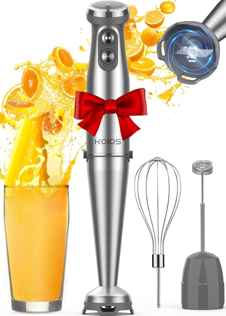 KOIOS Immersion Blender, 1000W Anti-scratch 3-in-1 Hand Blender, Upgraded 12 Speed Stainless Steel Blade Stick Blenders with Turbo Mode, Whisk and Milk Frother, Non-BPA (Silver)