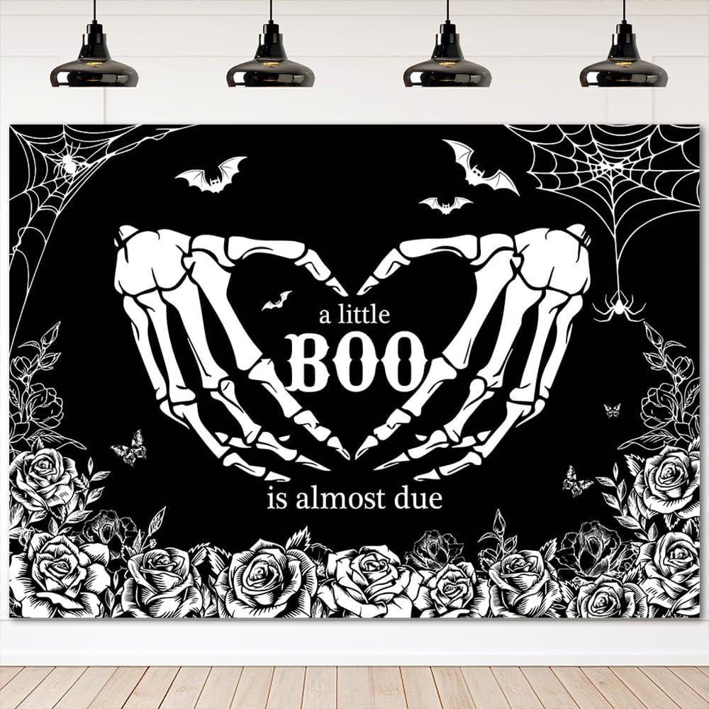 Mocsicka Halloween Baby Shower Backdrop Gothic Skeleton Love Hands Baby Shower Background A Little Boo is Almost Due Party Decorations Banner Photo Studio Props (8x6ft)