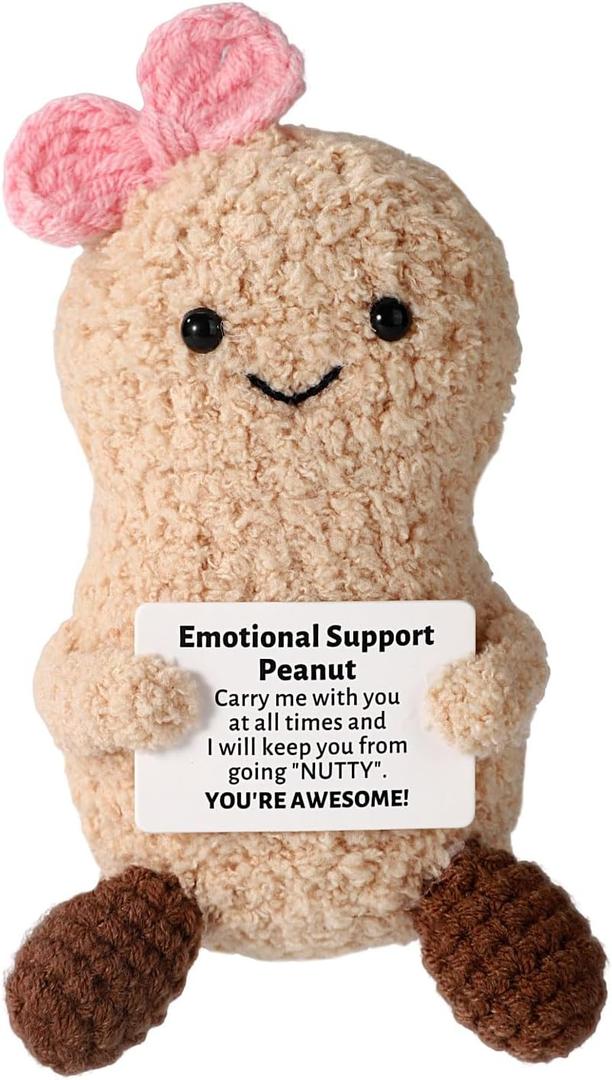 Positive Peanut Crochet Plush, Knitted Mini Bowknot Peanut Animal Doll with Inspirational Card for Friends Funny Emotional Cheer Up Surpport Decor for Birthday Graduation Gift