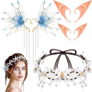 Janinka 7 Pcs Mermaid Fairy Ear Cuff with Crown Elf Ear Mermaid Crown Starfish Tiara Halloween Renaissance Cosplay Costume for Women