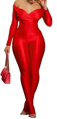Women Bodycon Two Piece Outfits for Birthday 2024 Catsuit Crop Top with Flare Leggings Sequin Jumpsuit Sexy Clubwear Red, L