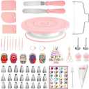298 Pcs Cake Decorating Kit with Cake Turntable,Leveler,24 Numbered Icing Tips,2 Spatulas,3 Comb Scrapers,8 Carved Pens,100 Pastry Bags,100 Paper Cupcake Liners & More Baking Tools, (Pink)