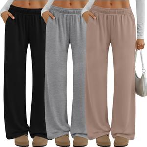 Neer 3 Pack Women's Lounge Pants Wide Leg Yoga Built in Drawstring High Waisted Casual Comfy Baggy Sweatpants with Pockets (Medium, Black, Light Mixed Gray, Khaki)