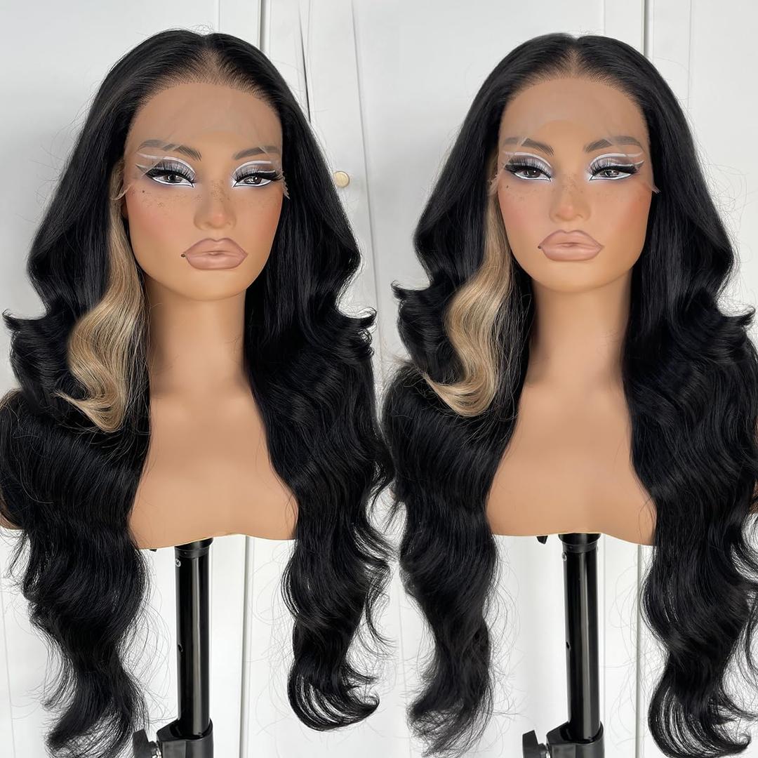 Skunk Stripe Wig Glueless Lace Front Wigs Pre Plucked Synthetic Body Wave Black And Blonde Wig Wear And Go Lace Front Wig For Women (13x4.5x1 T Part)