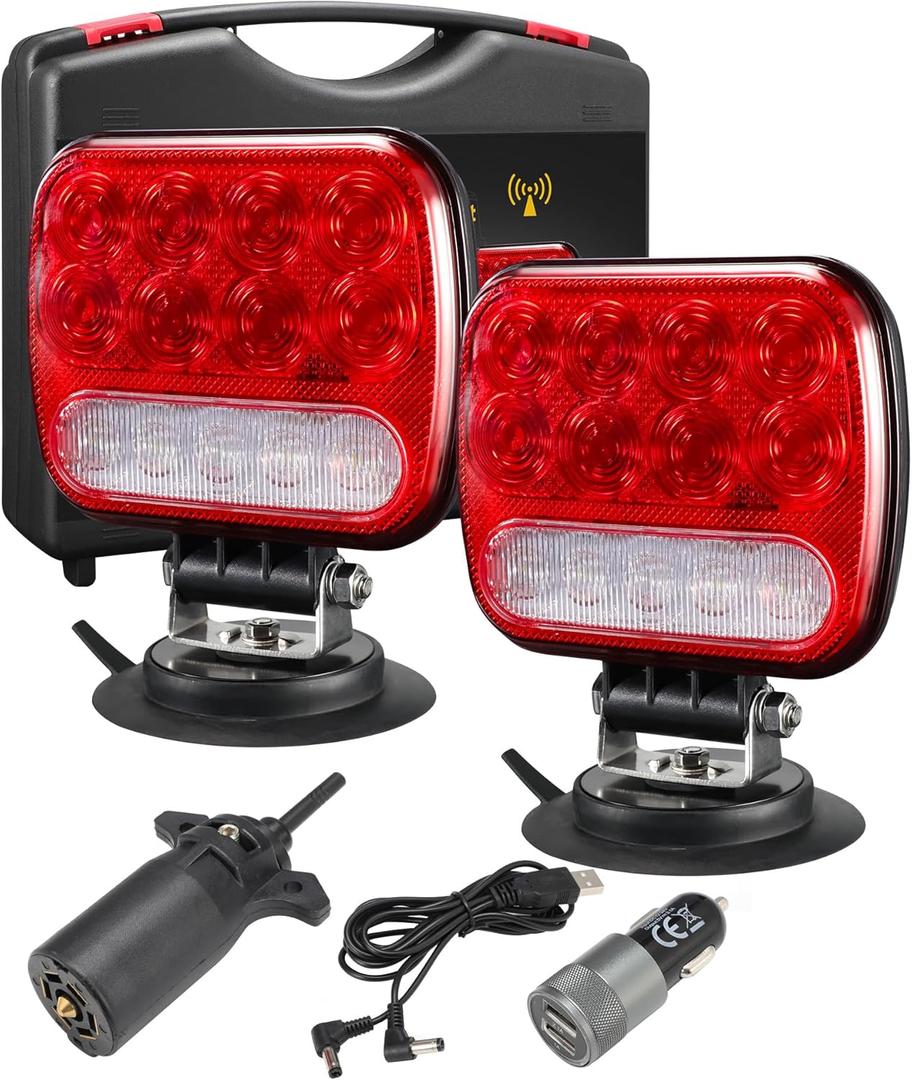Partsam Wireless LED Trailer Light Kit Magnetic Towing Tail Light Portable Universal Stop Turn Running Backup Reverse Red+Clear Lens w/ 7-Pin Plug Dual USB Cable Charger for Trucks Trailers 12-24V
