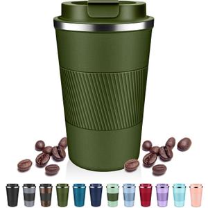 Insulated Coffee Tumblers with Flip Lid 12oz / 17oz, Stainless Steel Travel Coffee Mug Leak Proof, Vacuum Insulated Coffee Mug Reusable Cup, Keeps Cold and Hot for Coffee Tea (Army Green)