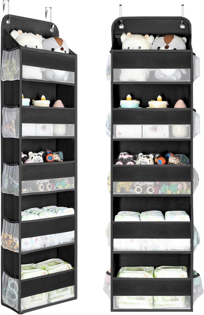 Yecaye 2 Pc Over the Door Organizer with 5 Bins 10 Side Pockets, 44lbs Load Hanging Bathroom and Bedroom Organizer, behind the Door Hanging Organizers for Nursery Newborn Baby Essential Stuff Black