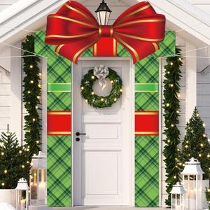 3Pcs Christmas Door Decorations Gift Box Porch Banners Xmas Gift Box Bowknot Door Hanging Banners Christmas Porch Signs Backdrop for Holiday Party Indoor Outdoor Home Wall Decor (Green Plaid)