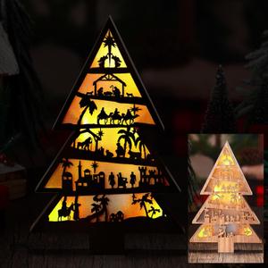 Jetec Christmas Nativity Scene Indoor Wooden Nativity Decor with LED Light Tree Decoration for Friend Rustic Christian Shelves Table