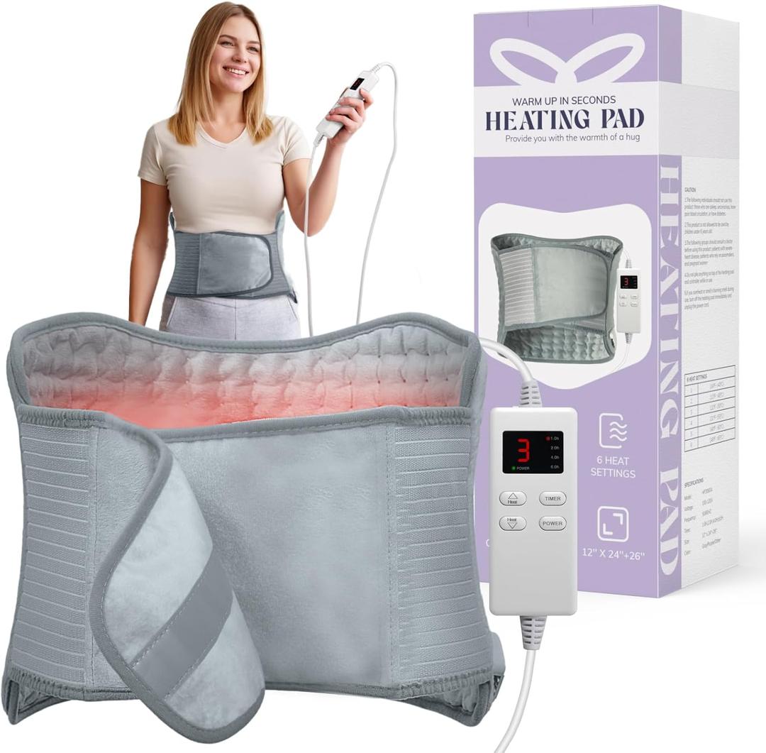 Heating Pad for Back, Upgraded Electric Heating Pad for Low Back Neck Shoulder Pain Relief, 12 x 24+26" Large Heat Pad with 4 Timer 6 Heat Setting & Auto Shut Off, Christmas Birthday Gifts for Men Dad (Gray)