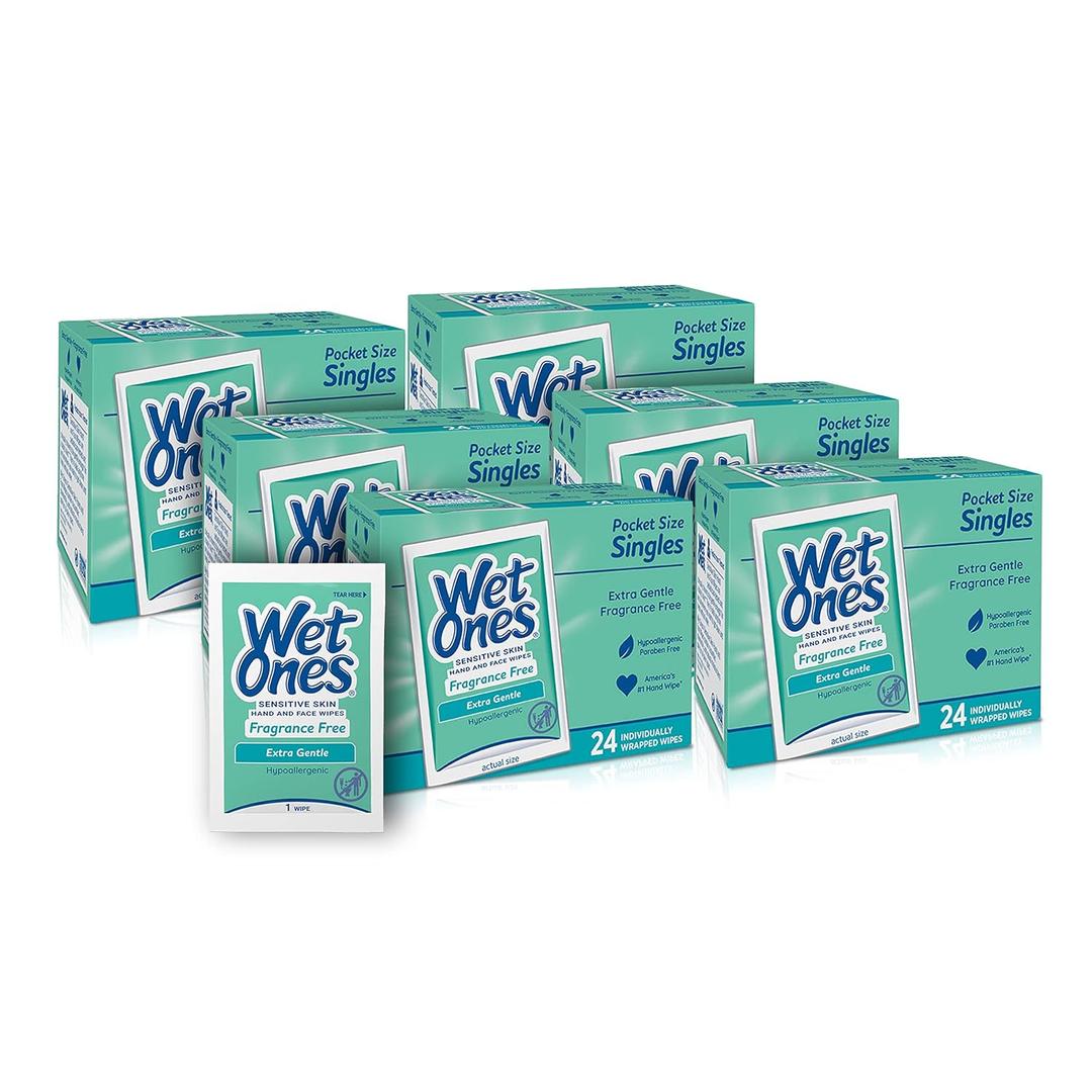 Wet Ones Hand and Face Wipes Singles, Unscented Wipes for Sensitive Skin | Individual Wipes, Hand Wipes Individually Wrapped| 24 ct. (6 pack)