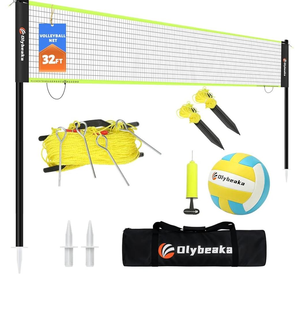 Portable Outdoor Volleyball Net Set for Backyard Beach with Adjustable Poles, Soft PU Volleyball & Pump, Carry Bag and Durable Anti-Sagging Net