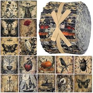 Ganeen 100 Pcs Vintage Halloween Quilting Fabric Roll Skeleton 2. 56 Inch Fabric Squares Jelly Patchwork Precut Strips Bundles for Holiday Materials Craft DIY Sewing Cloths