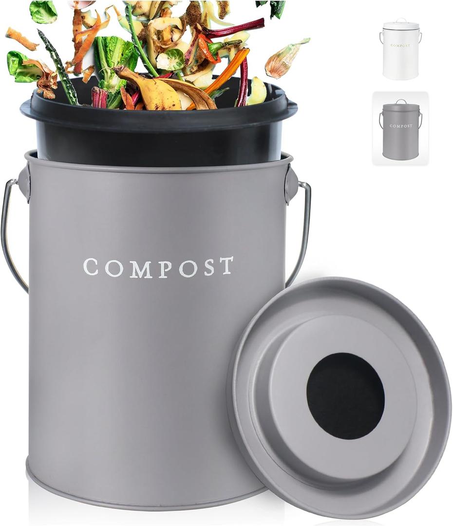 FINESSY Indoor Compost Bin Kitchen Odorless with Lid for Composting Food Waste Bucket for Counters, Stainless Steel Kitchen Compost Bin Countertop Trash Can, Indoor Food Composter Recycler Container (Nordic Grey)