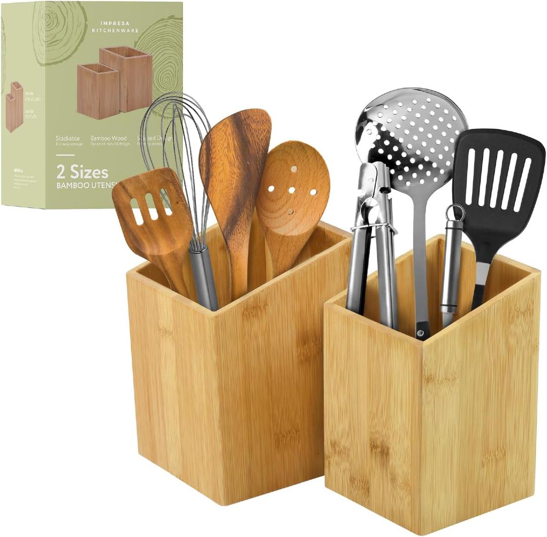 IMPRESA [2 Pack] Bamboo Utensil Holder for Clutter-Free Kitchen  Stylish Kitchen Utensil Crock for Elegant Display and Storage Wooden Utensil Holder Set for Countertop  Bamboo Kitchen Accessories