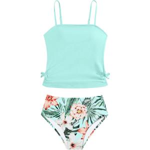 Queenstyle Teen Girls Swimsuit Size 12 14 Two Piece Bathing Suits for Girls 12-14 Blue Drawstring Tankini Teen Girls' Swimwear