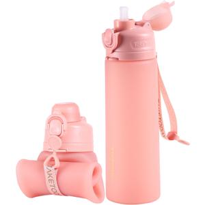 TakeToday Collapsible Water Bottles 21oz (600mL), Foldable Platinum Silicone Travel Water Bottle with Straw & Carry Strap, Leak-Resistant Screw Lid, Wide Mouth, BPA-Free for Hiking, Camping, Travel