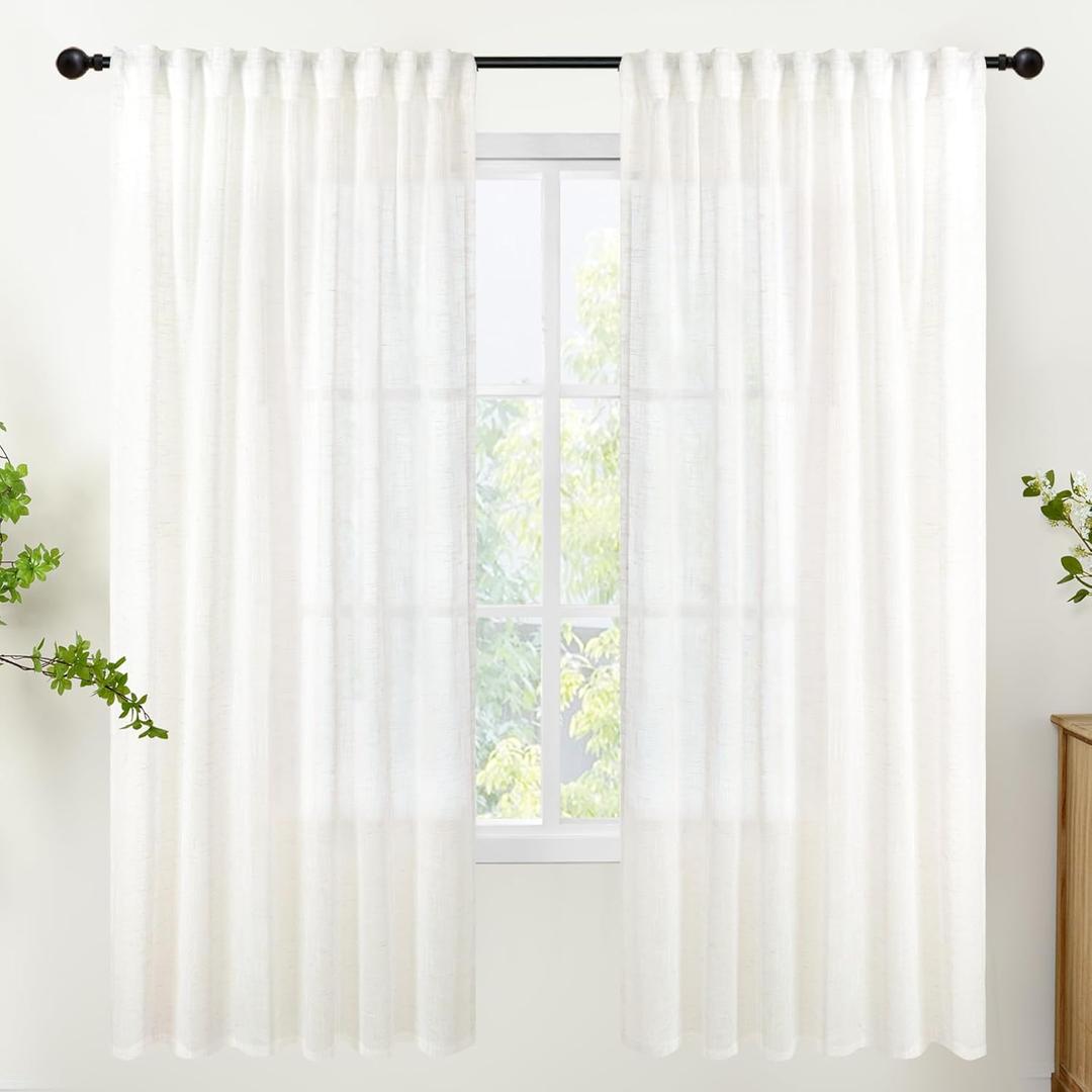 YoungsTex 72 Inch Length Linen for Living Room, Ivory White Light Filtering Drapes Texutred Semi Sheer with Rod Pocket Back Tab for Bedroom Window, 2 Panels, 52 X 72 Inch