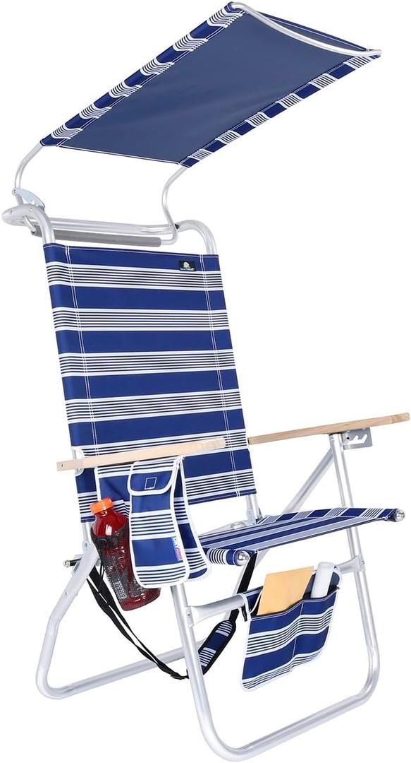 17 Inches High Seat Big Tycoon Aluminum Tall Beach Chair with Canopy for Adults, 4 Reclining Positions, Drink Holder, Storage Pouch (Stripe Ns1)