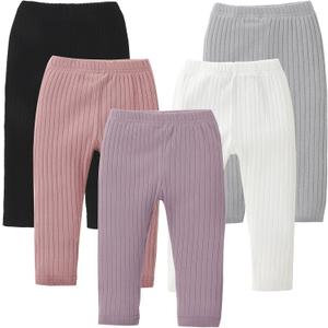 DREAM BUS 5 Pack Toddler Girl Pants Baby Girl Solid Ribbed Pants Toddler Girls Bottoms Leggings Newborn Cotton Jogger Size 100