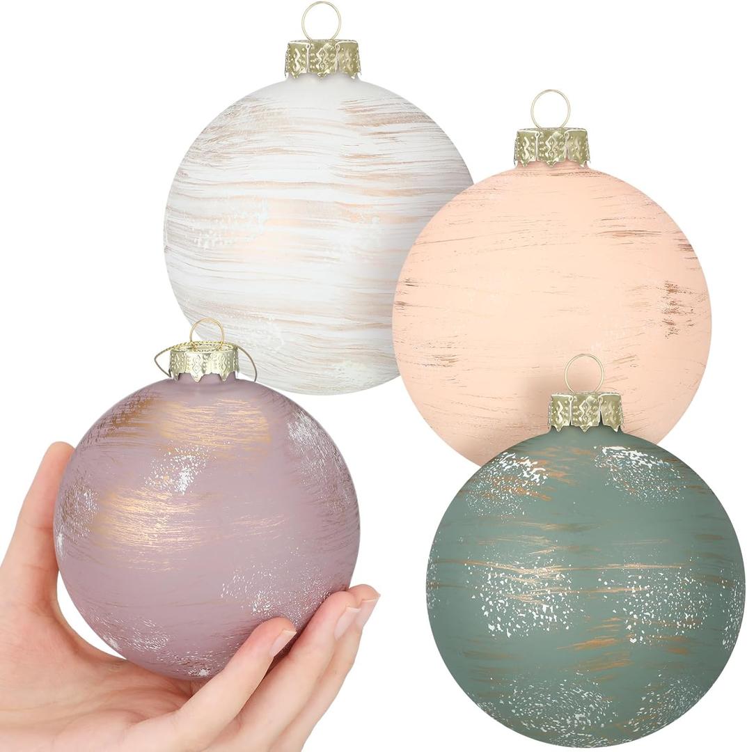 Sosation 4 Pcs 4 Inch Large Glass Textured Christmas Ball Ornaments Neutral Christmas Hanging Ball Ornaments Vintage Rustic Xmas Hanging Decoration for Xmas Tree Winter Farmhouse(Vintage Color)