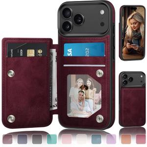 DJDUCK Designed for iPhone 17 Pro Case Wallet with Card Holder, Magnetic Clasp Cover RFID Blocking Leather Protection Shockproof Women Men Cases 6.3 Inch for Apple 17 Pro Wine Red