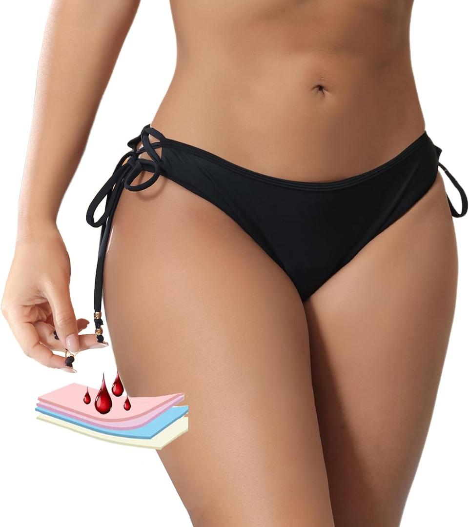 SherryDC Women Period Swimwear Menstrual Bikini Bottoms Tie Side Bathing Suit Leakproof Swim Bottoms for Teens, Grils 2XS