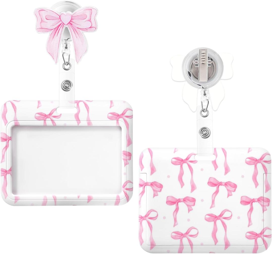 Id Badge Holder Horizontal with Pink Bow Badge Reel, Pink Bow Id Card Holder with Retractable Badge Clip, Cute Horizontal Name Tag Holders for Nurse Doctor Teacher Student