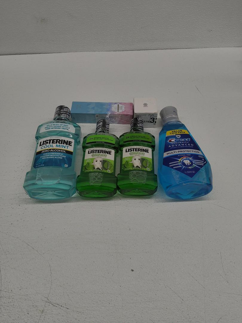 Acssart Radiant Whitening Toothpaste; 15X Power Clean Natural Toothpaste Tablets with Malic Acid; Crest Pro-Health Advanced Mouthwash; Listerine Smart Rinse Kids Mouthwash; Listerine Alcohol-Free Mouthwash