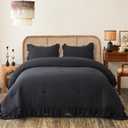 MR&HM Black Stonewashed Ruffled Queen Comforter Set, Farmhouse Bedding Lightweight Fluffy Comforter 3 Pieces, Ultra Soft Microfiber Shabby Boho Chic Vintage Ruffled Bedding Comforter Sets Queen Size