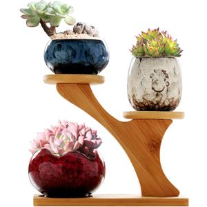 Simcat Ceramic Succulent Pots with Drainage Half, 3Pcs Cactus Planter Pots with 3 Tier Bamboo Saucers Stand Holder Drainage for Home Office Desktop Windowsill Décor (6)